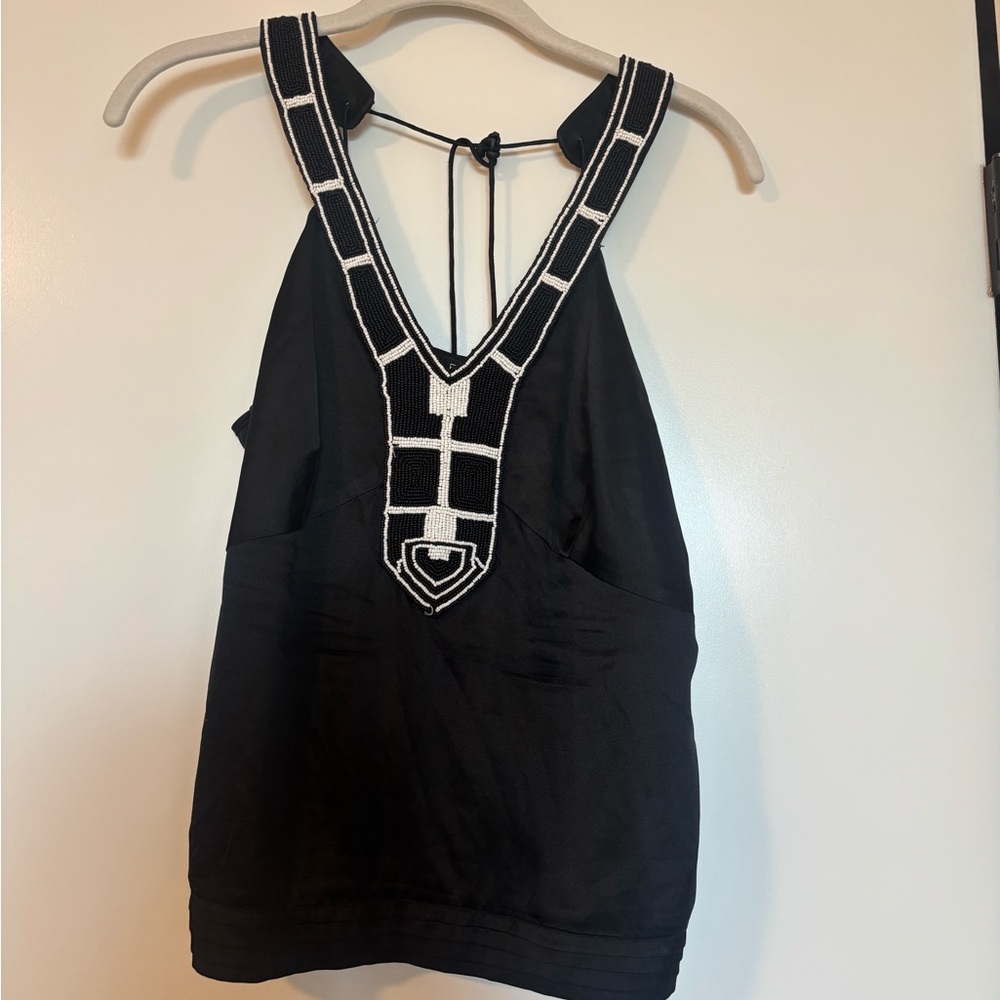 Etcetera Black and White Geometric silk beaded Tank Top